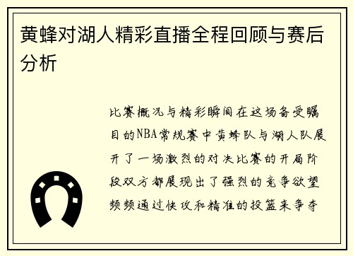 黄蜂对湖人精彩直播全程回顾与赛后分析